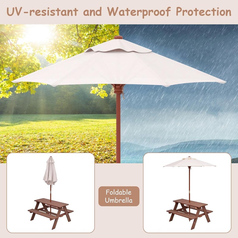 Olakids Kids Picnic Table, Outdoor Toddler Wooden Table and Chair Set with Removable Umbrella, Children Activity Furniture Bench Set for Patio Garden Backyard - Image 5